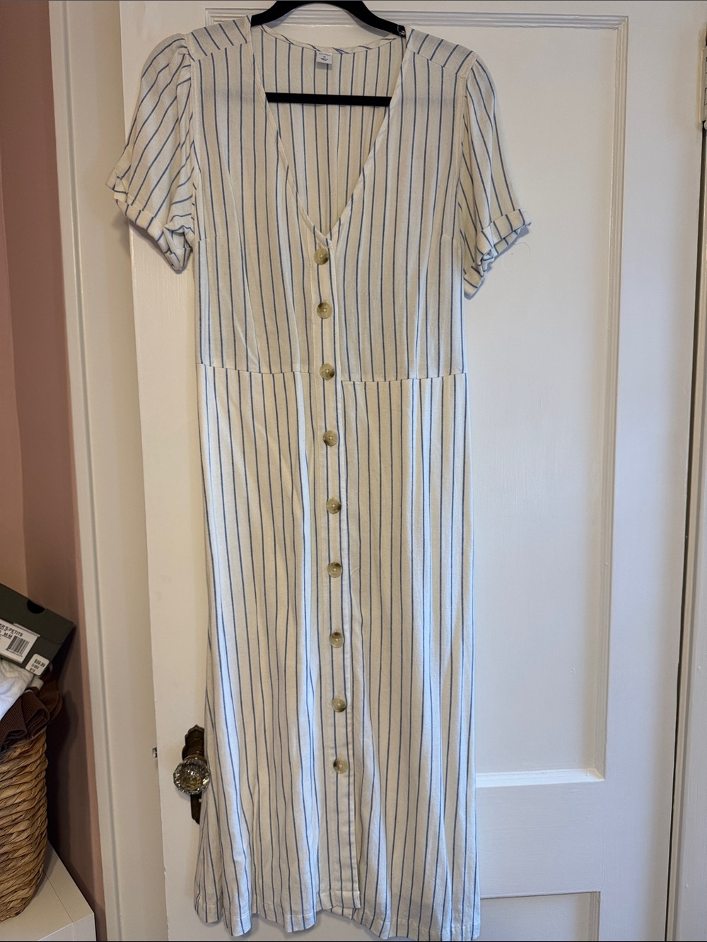 Old Navy White Midi Dress with Blue Pinstripes